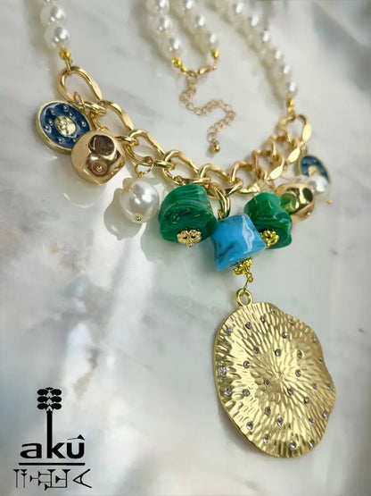 Große Choker, Maritimes Statement, goldene-tone Kette, Malachit- und Türkis-Imitation