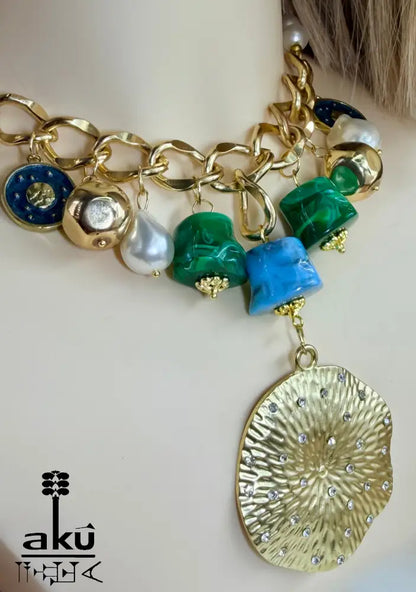 Große Choker, Maritimes Statement, goldene-tone Kette, Malachit- und Türkis-Imitation