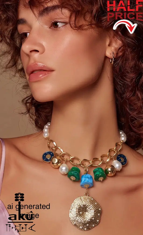 Ki Bild, Große Choker, Maritimes Statement, goldene-tone Kette, Malachit- und Türkis-Imitation