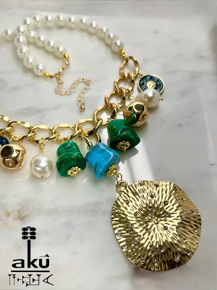 Große Choker, Maritimes Statement, goldene-tone Kette, Malachit- und Türkis-Imitation