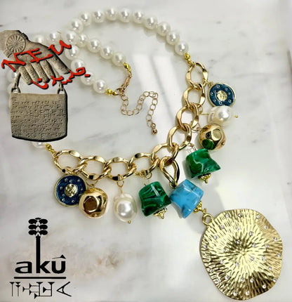 Große Choker, Maritimes Statement, goldene-tone Kette, Malachit- und Türkis-Imitation