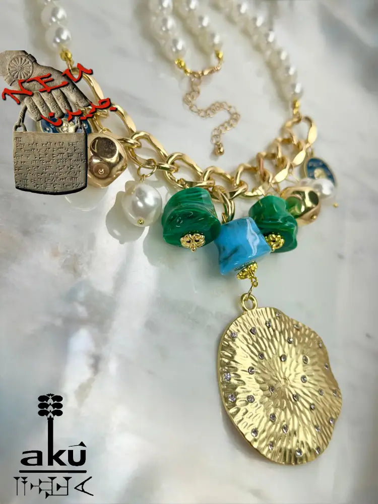 Große Choker, Maritimes Statement, goldene-tone Kette, Malachit- und Türkis-Imitation