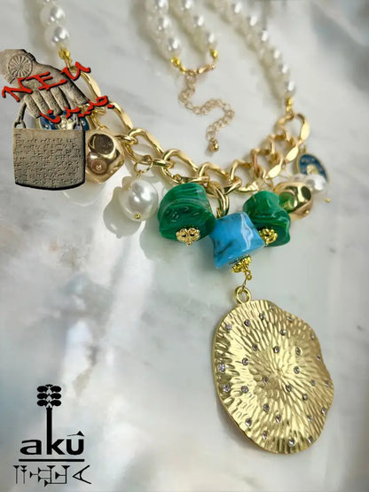 Große Choker, Maritimes Statement, goldene-tone Kette, Malachit- und Türkis-Imitation