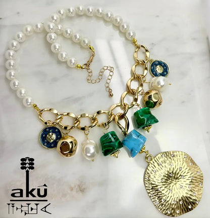 Große Choker, Maritimes Statement, goldene-tone Kette, Malachit- und Türkis-Imitation