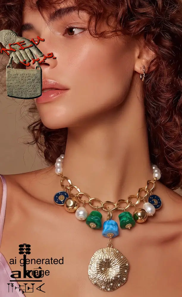 Ki Bild, Große Choker, Maritimes Statement, goldene-tone Kette, Malachit- und Türkis-Imitation