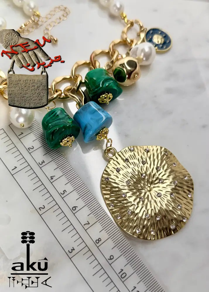 Große Choker, Maritimes Statement, goldene-tone Kette, Malachit- und Türkis-Imitation
