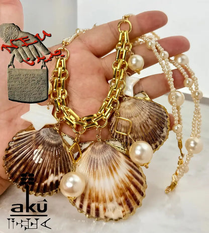 Große Muscheln-Choker, Maritimes Statement, 18k Gold platierte Kette