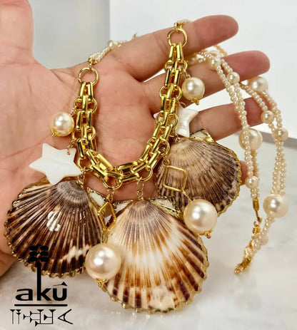 Große Muscheln-Choker, Maritimes Statement, 18k Gold platierte Kette