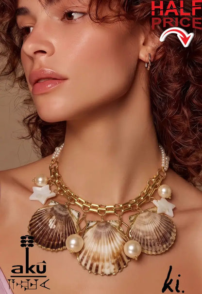 Große Muscheln-Choker, Maritimes Statement, 18k Gold platierte Kette