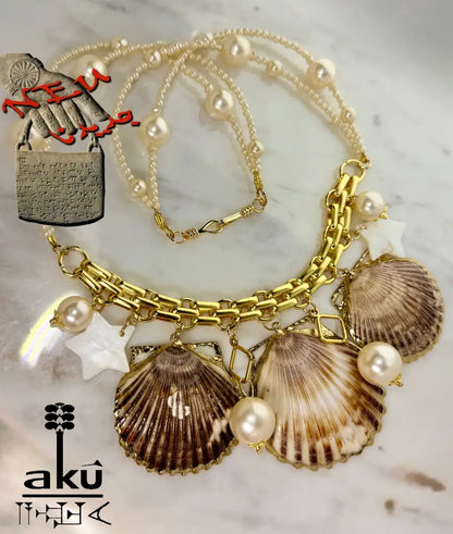 Große Muscheln-Choker, Maritimes Statement, 18k Gold platierte Kette
