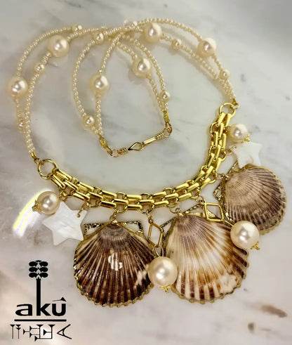 Große Muscheln-Choker, Maritimes Statement, 18k Gold platierte Kette