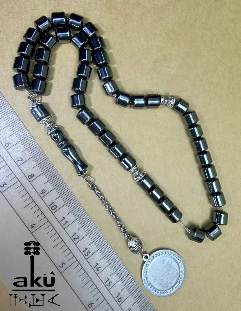 Haematit Tasbih 45, natuerlicher Edelstein, islamisches Misbaha, Silbere Quaste