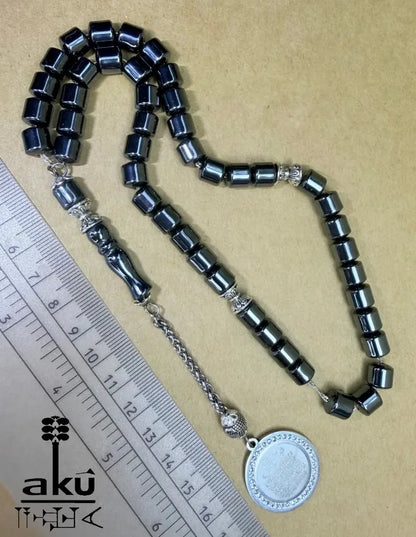 Haematit Tasbih 45, natuerlicher Edelstein, islamisches Misbaha, Silbere Quaste