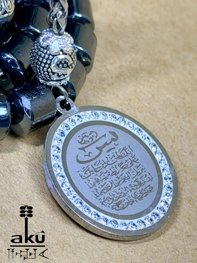 Haematit Tasbih 45, natuerlicher Edelstein, islamisches Misbaha, Silbere Quaste