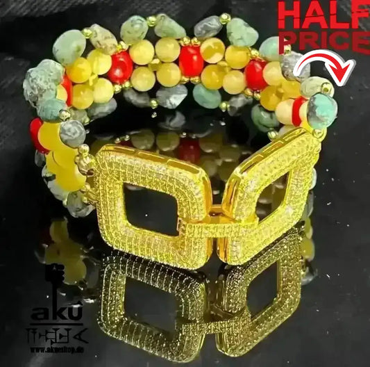 Handgefertigte breite Manschette Armbänder, natürliche Edelsteine, Bernstein Koralle Türkis Chakra positive energie - AkueShop