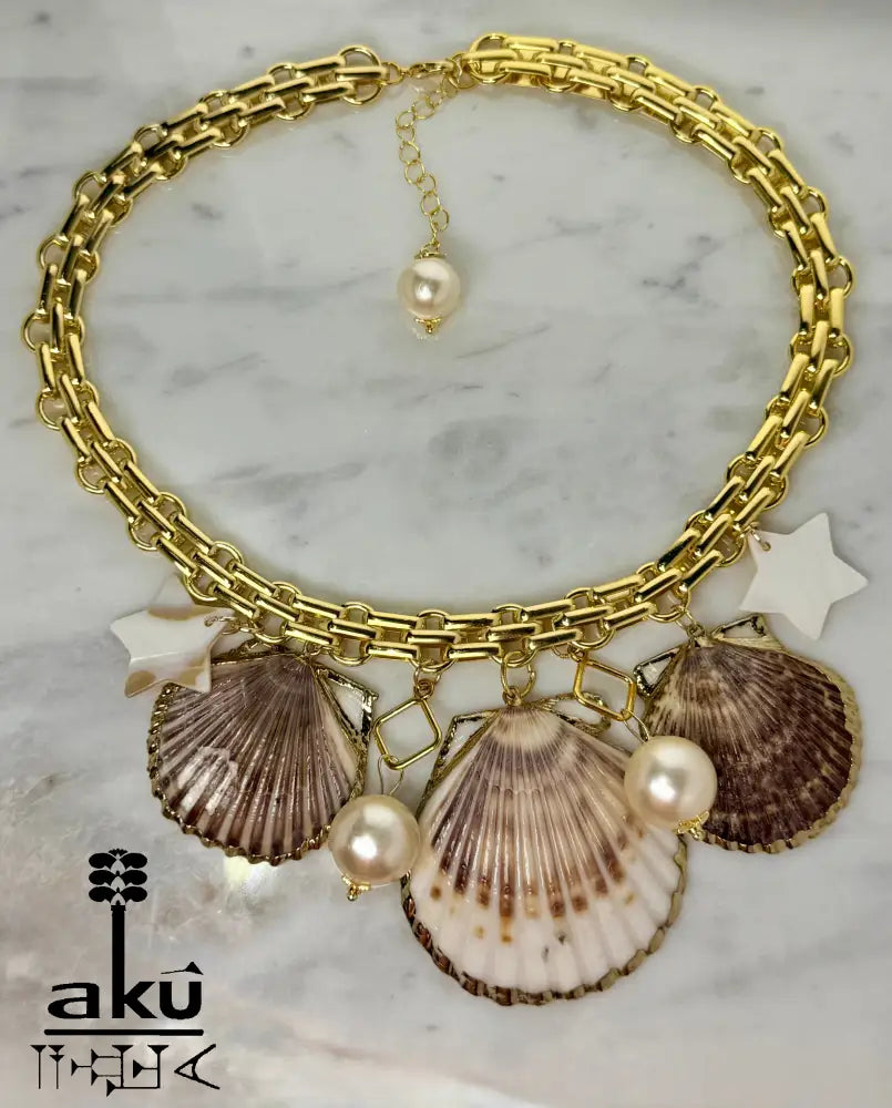 Handgefertigter große Muscheln-Choker, Maritimes Statement mit 18k Vergoldung