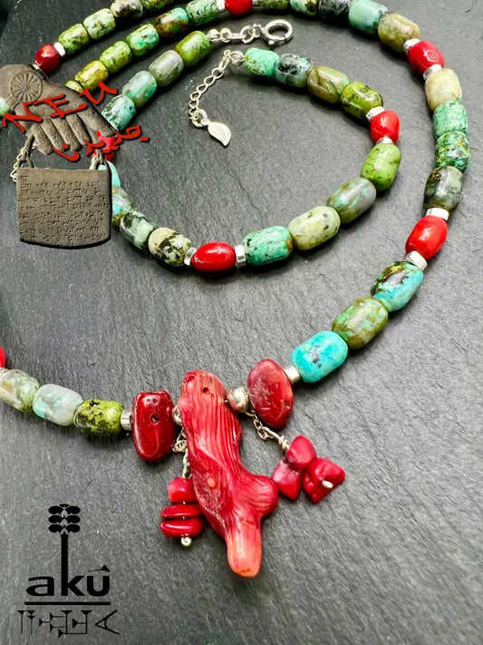 Handgefertigtes Afrikanisches Türkis und Naturkorallen Schmuck-Set – Halskette & Armband aus 925 Sterling Silber mit verstellbarer Kette