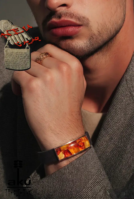 Herren Armband, natuerliches Bernstein im Leder und Edelstahl
