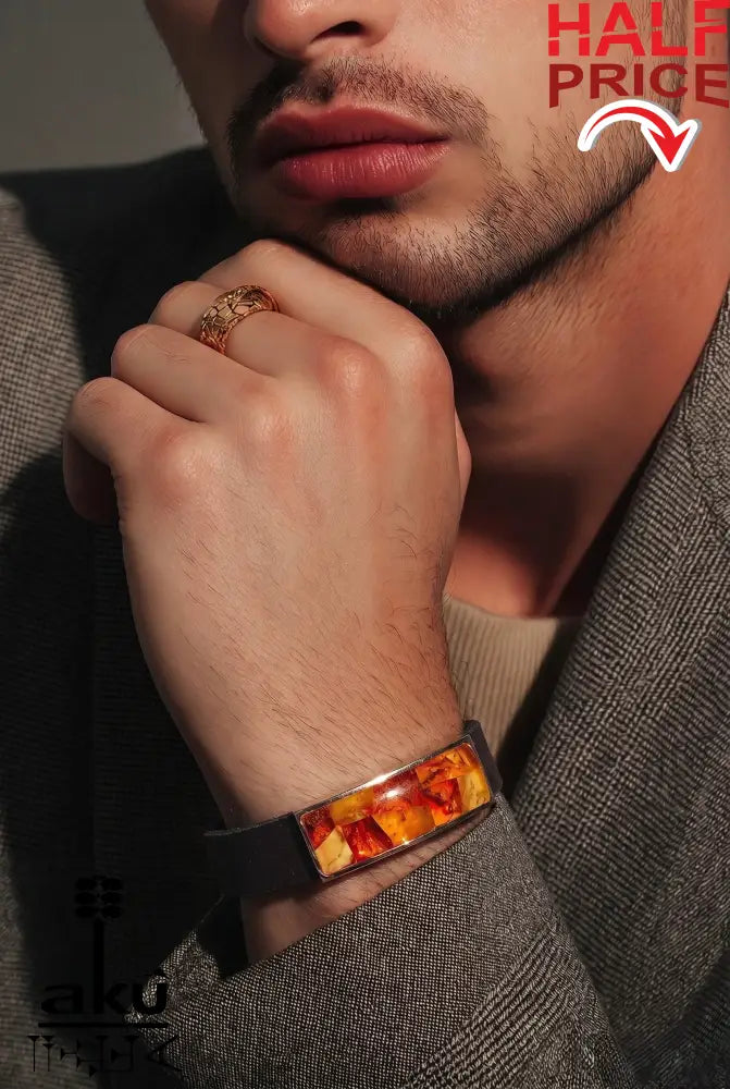 Herren Armband, natuerliches Bernstein im Leder und Edelstahl