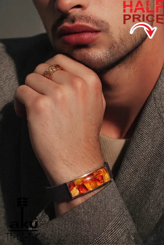 Herren Armband, natuerliches Bernstein im Leder und Edelstahl