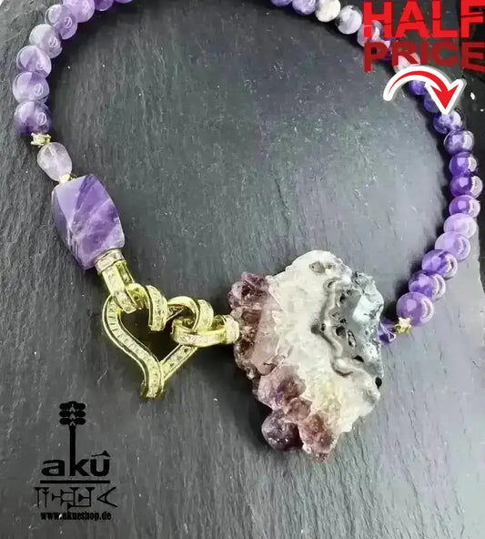 Hochqualität A+++ Amethyst Halskette, natürlicher roh Edelstein Schmuck, chakren Heilungsenergie - AkueShop