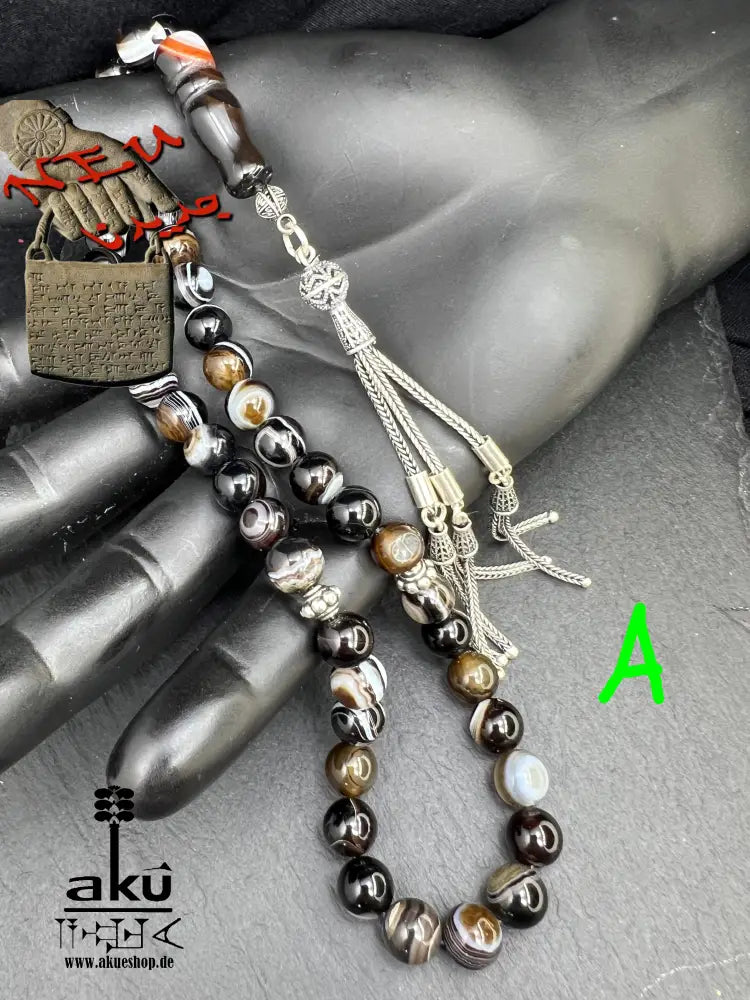 natürlichen Sulemani Tasbih, Jazaa Achat mit gestreiften Perlen, Akik Imame Perle. Sibha schwarzer Sulemany Aqeeq, 925 silbere Quaste, AkueShop Misbaha 