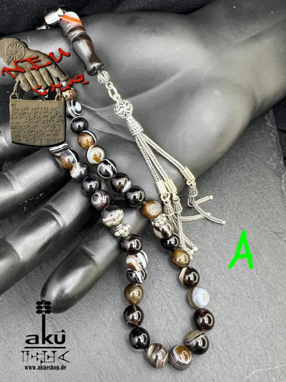 natürlichen Sulemani Tasbih, Jazaa Achat mit gestreiften Perlen, Akik Imame Perle. Sibha schwarzer Sulemany Aqeeq, 925 silbere Quaste, AkueShop Misbaha 