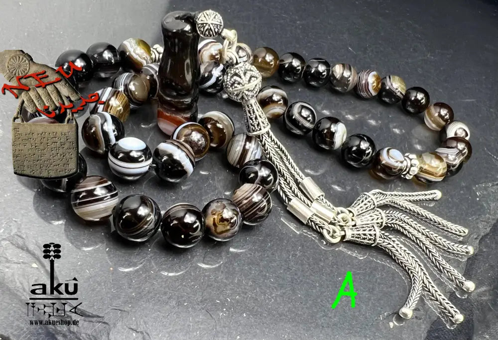 natürlichen Sulemani Tasbih, Jazaa Achat mit gestreiften Perlen, Akik Imame Perle. Sibha schwarzer Sulemany Aqeeq, 925 silbere Quaste, AkueShop Misbaha 