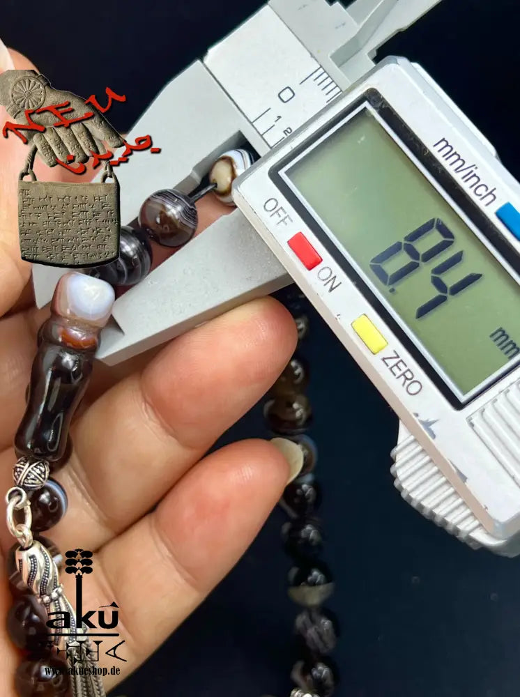 natürlichen Sulemani Tasbih, Jazaa Achat mit gestreiften Perlen, Akik Imame Perle. Sibha schwarzer Sulemany Aqeeq, 925 silbere Quaste, AkueShop Misbaha 