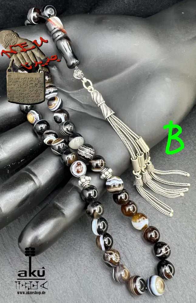 natürlichen Sulemani Tasbih, Jazaa Achat mit gestreiften Perlen, Akik Imame Perle. Sibha schwarzer Sulemany Aqeeq, 925 silbere Quaste, AkueShop Misbaha 
