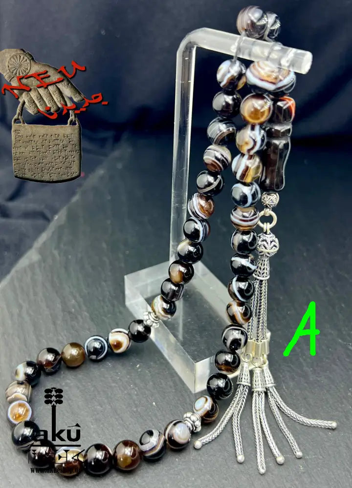 natürlichen Sulemani Tasbih, Jazaa Achat mit gestreiften Perlen, Akik Imame Perle. Sibha schwarzer Sulemany Aqeeq, 925 silbere Quaste, AkueShop Misbaha 