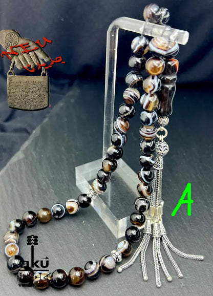 natürlichen Sulemani Tasbih, Jazaa Achat mit gestreiften Perlen, Akik Imame Perle. Sibha schwarzer Sulemany Aqeeq, 925 silbere Quaste, AkueShop Misbaha 