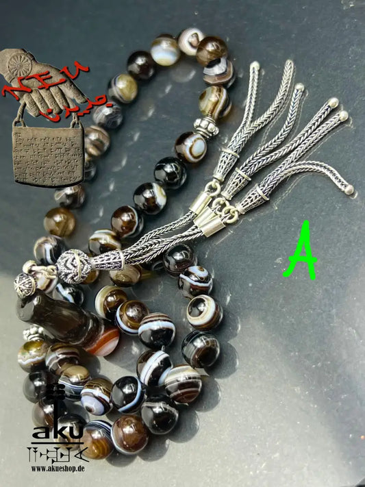 natürlichen Sulemani Tasbih, Jazaa Achat mit gestreiften Perlen, Akik Imame Perle. Sibha schwarzer Sulemany Aqeeq, 925 silbere Quaste, AkueShop Misbaha 