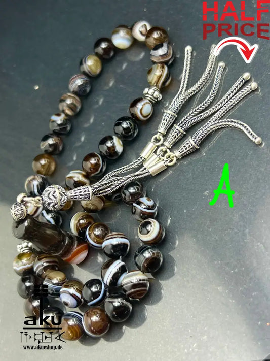 natürlichen Sulemani Tasbih, Jazaa Achat mit gestreiften Perlen, Akik Imame Perle. Sibha schwarzer Sulemany Aqeeq, 925 silbere Quaste, AkueShop Misbaha 