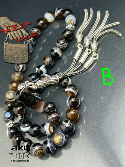 natürlichen Sulemani Tasbih, Jazaa Achat mit gestreiften Perlen, Akik Imame Perle. Sibha schwarzer Sulemany Aqeeq, 925 silbere Quaste, AkueShop Misbaha 
