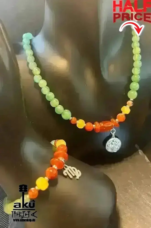 Jungfrau Halskette, natürliche Edelsteine, JADE & roter ACHAT, 925er Silber, Sternzeichen - AkueShop