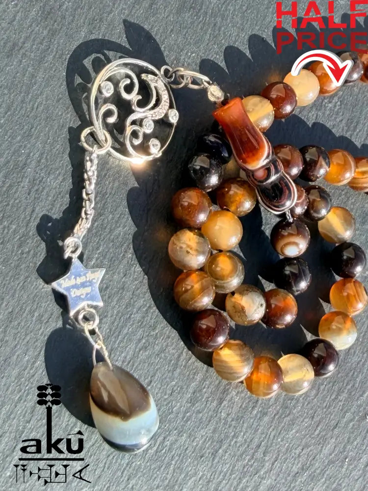 Kaffee Achat Tasbih, 45 Sibha Gebetskette mit 925er Sterlingsilber Quaste Islamisches Geschenk