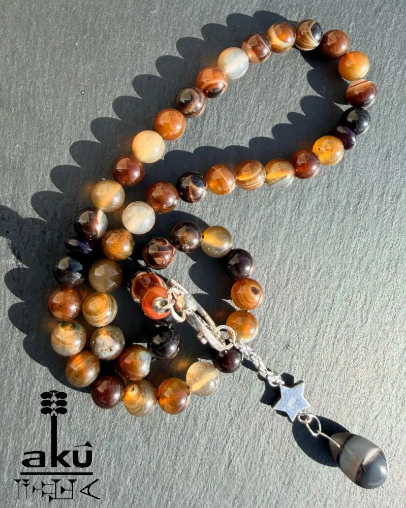 Kaffee Achat Tasbih, 45 Sibha Gebetskette mit 925er Sterlingsilber Quaste Islamisches Geschenk