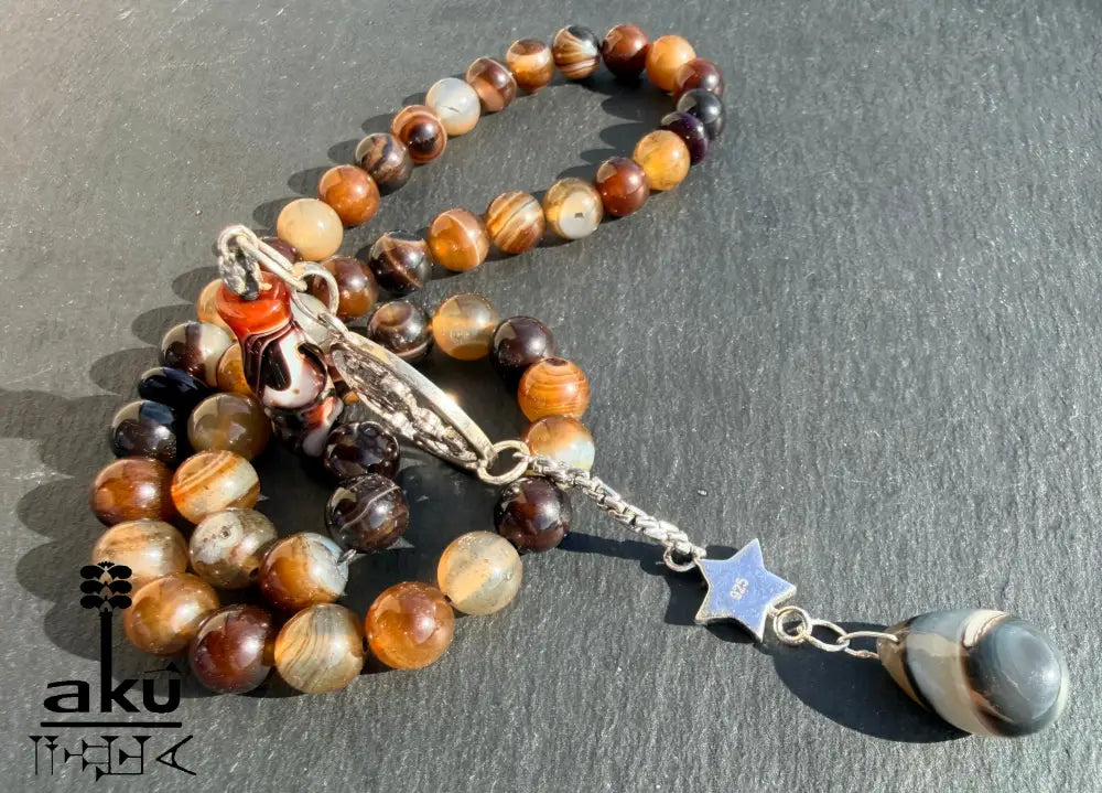 Kaffee Achat Tasbih, 45 Sibha Gebetskette mit 925er Sterlingsilber Quaste Islamisches Geschenk