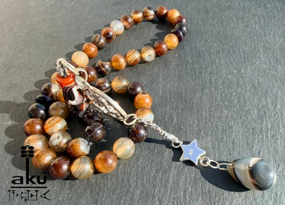 Kaffee Achat Tasbih, 45 Sibha Gebetskette mit 925er Sterlingsilber Quaste Islamisches Geschenk
