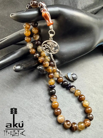 Kaffee Achat Tasbih, 45 Sibha Gebetskette mit 925er Sterlingsilber Quaste Islamisches Geschenk