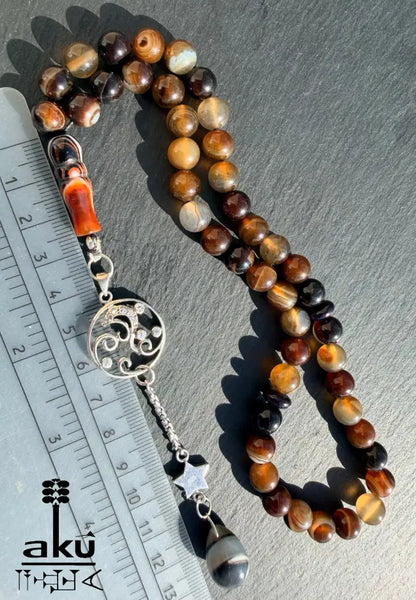 Kaffee Achat Tasbih, 45 Sibha Gebetskette mit 925er Sterlingsilber Quaste Islamisches Geschenk