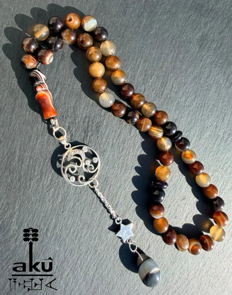 Kaffee Achat Tasbih, 45 Sibha Gebetskette mit 925er Sterlingsilber Quaste Islamisches Geschenk