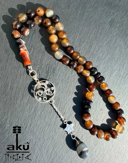 Kaffee Achat Tasbih, 45 Sibha Gebetskette mit 925er Sterlingsilber Quaste Islamisches Geschenk