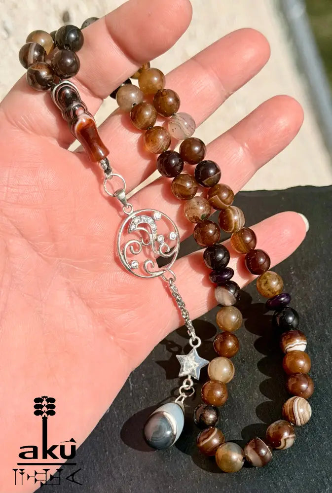 Kaffee Achat Tasbih, 45 Sibha Gebetskette mit 925er Sterlingsilber Quaste Islamisches Geschenk