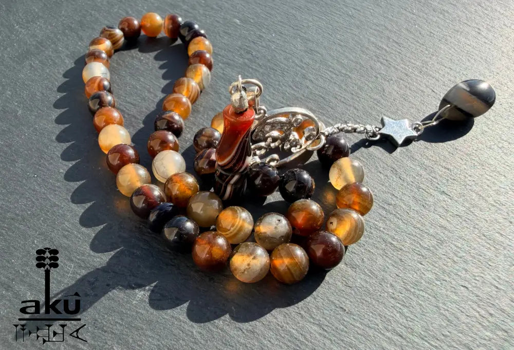 Kaffee Achat Tasbih, 45 Sibha Gebetskette mit 925er Sterlingsilber Quaste Islamisches Geschenk