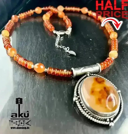 Handgefertigte Halskette, Karneol Achat naturlische Steine, Vintage 925er Silber Anhänger, Sakral Chakra, meditation energie - AkueShop