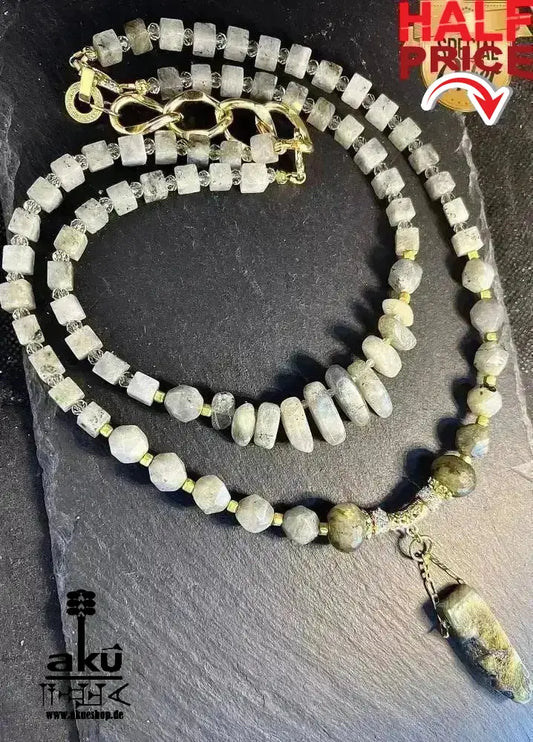 Labradorit Festoon Halskette, Feuer Edelstein Schmuck, doppelsträngiges Dritteauge Chakra für Meditationsenergie - AkueShop