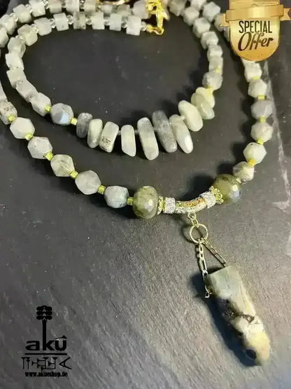 Labradorit Festoon Halskette, Feuer Edelstein Schmuck, doppelsträngiges Dritteauge Chakra für Meditationsenergie - AkueShop
