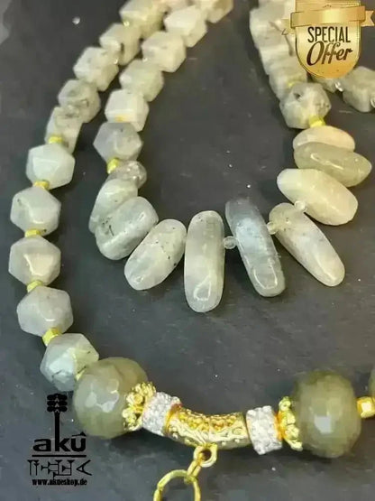Labradorit Festoon Halskette, Feuer Edelstein Schmuck, doppelsträngiges Dritteauge Chakra für Meditationsenergie - AkueShop